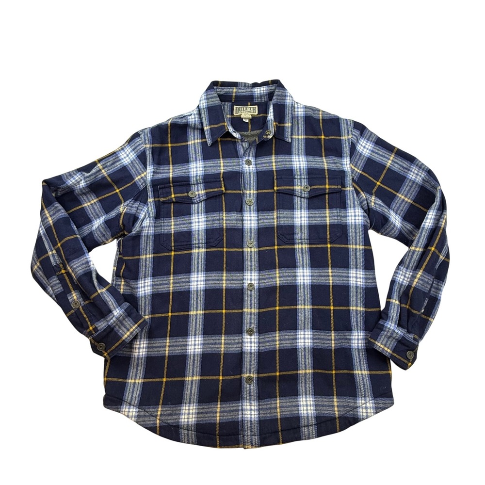 Duluth Trading Mens Large Fleece‎ Lined Flannel Shirt Navy plaid gorpcore heavy